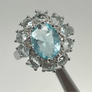 Rings Women’s Jewelry Statement Oval Cut Halo Aquamarine Blue CZ Silver Plated